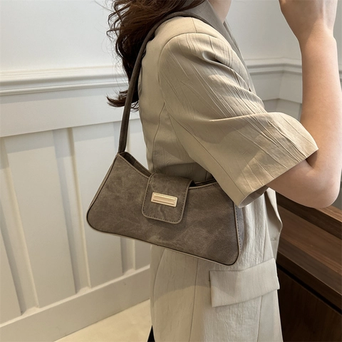 Women Retro Baguette Bag PU Faux Suede Solid Color Underarm Shoulder Bag With Metal Buckle