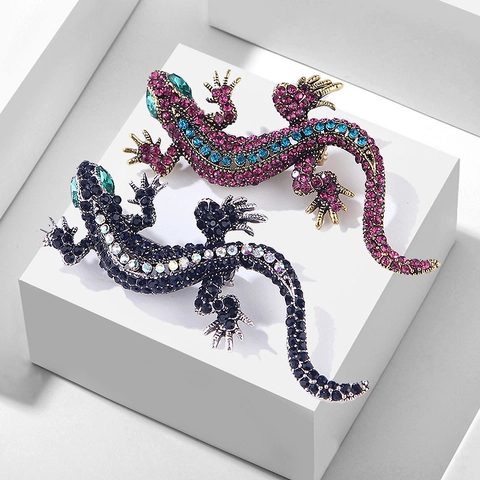 Vintage Lizard Gecko Brooch Pin For Women Men Alloy Full Rhinestone Animal Lapel Pin Fashion Clothing Accessories Jewelry