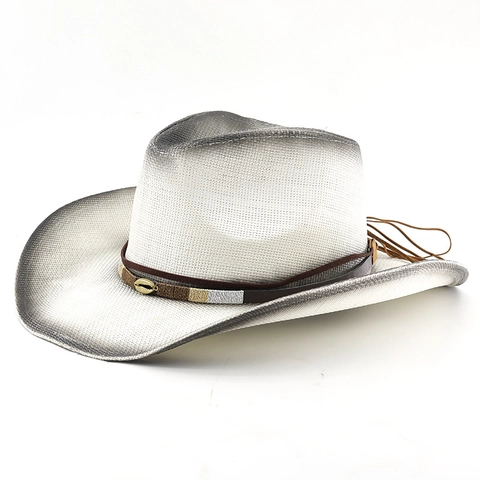 Sombrero De Paja Vaquero Occidental Degradado Pintura Ala Ancha Tejido Papel Protección Solar Playa Vintage Decoración Concha