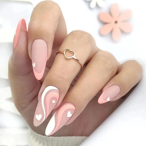 Matte Press On Nails Long Almond Heart Wave Nude Pink Gradient Fake Nail Tips For Women Elegant Manicure Art