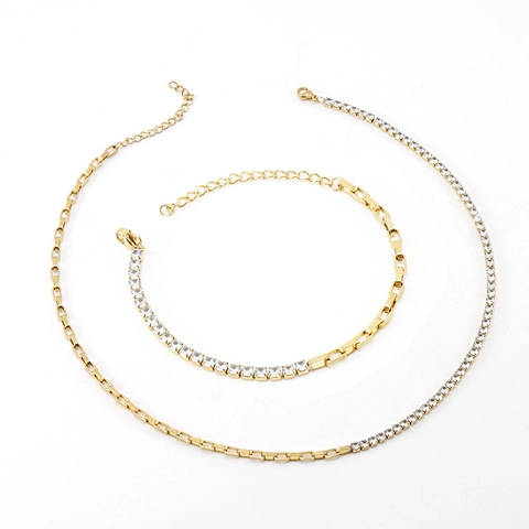 Collana E Bracciale In Acciaio Inossidabile Placcato Oro 18K Patchwork Zircone Tennis Catena Graffetta Gioielli Donna