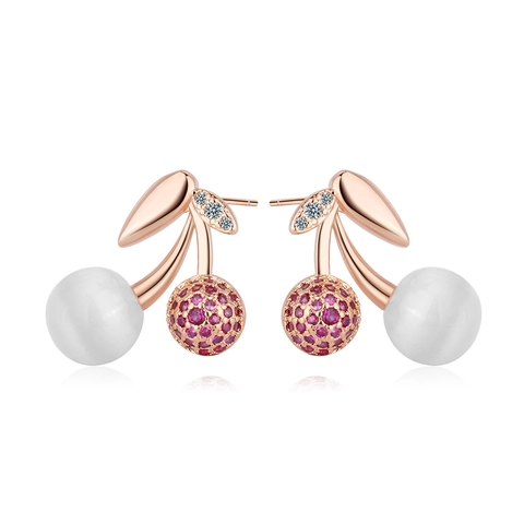 Orecchini a Bottone a Forma di Ciliegia Oro Rosa Con Perla Artificiale E Strass Rosa Gioielli per Orecchie Donna