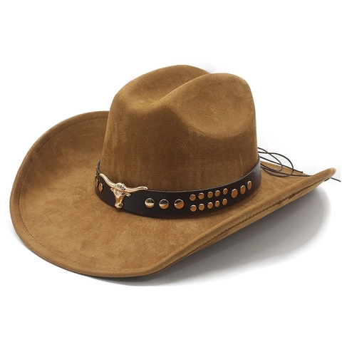 Western Cowboy Hat Faux Suede Vintage Bull Head Decoration Wide Brim Jazz Fedora Outdoor Men Women