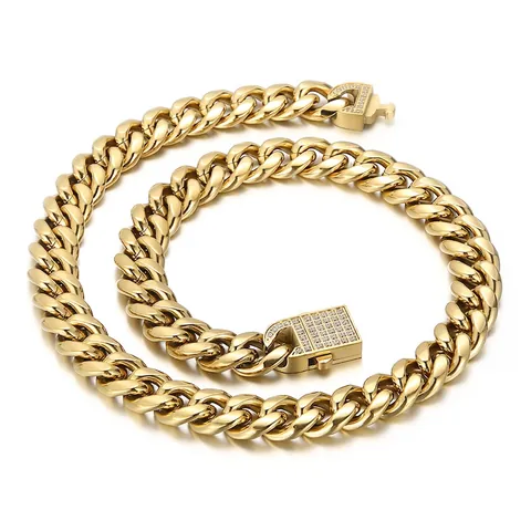 Hip Hop Men Cuban Link Chain Stainless Steel Necklace And Bracelet Rhinestone Iced Out Square Clasp Punk Jewelry