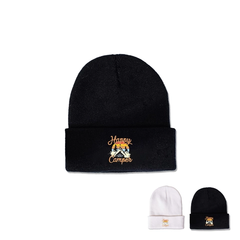 Happy Camper Embroidered Knitted Beanie Hat Acrylic Outdoor Camping Winter Warm Skull Cap For Men Women