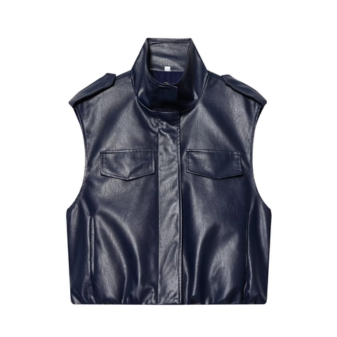 Gilet En Simili Cuir Et Mini Jupe Plissée Pour Femmes Col Montant Fermeture Éclair Style Cargo Bleu Foncé Tenues