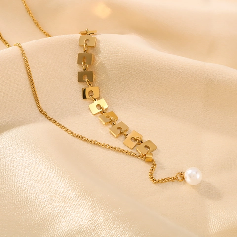 Collar De Eslabones Cuadrados Con Colgante De Perla Artificial Acero Inoxidable Chapado En Oro De 18K Joyas Elegantes En Forma De Y