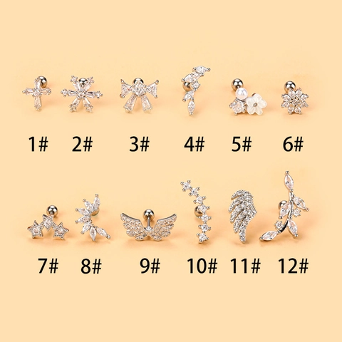 Bijoux De Piercing D'Oreille En Acier Inoxydable Cuivre Zircone Croix Aile Flocon De Neige Étoile À Vis