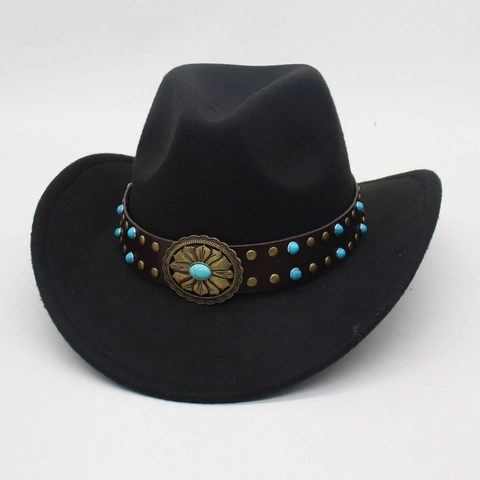 Chapeau De Cow-Boy Occidental Fedora En Feutre De Laine Avec Bande En Cuir Rivets Turquoise Style Ethnique