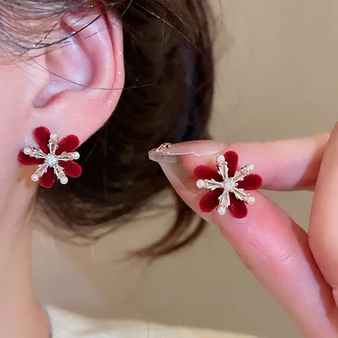 Red Flocked Flower Stud Earrings With 925 Sterling Silver Earring Post Zircon Imitation Artificial Pearl Elegant Jewelry For Women