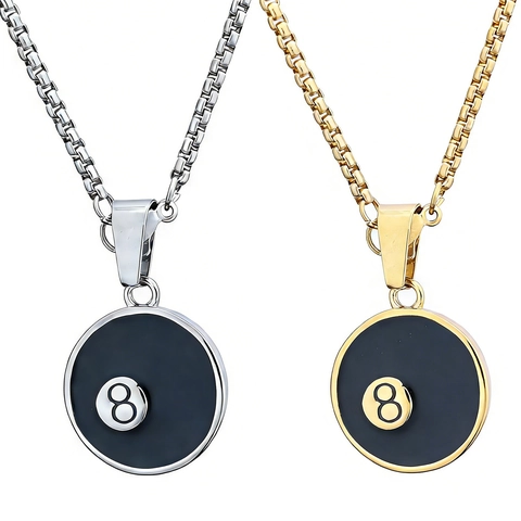 Collana Con Pendente Biliardo Palla 8 Nera Acciaio Inossidabile Smalto Lucky Snooker Gioielli Per Uomo