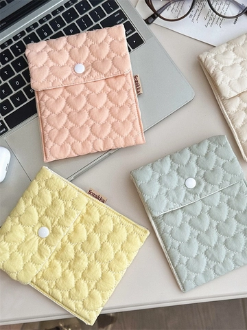 Mini Quilted Cotton Sanitary Napkin Storage Bag Portable Heart Pattern Menstrual Pouch With Snap Button Cute For Women