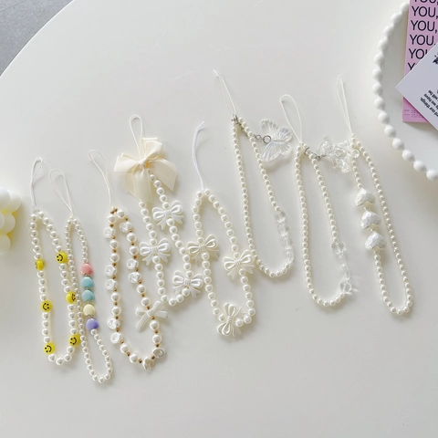 Ins Simple Artificial Pearl Beaded Phone Lanyard Sweet White Heart Butterfly Bow Crystal Bear Mobile Phone Chain Anti-lost Strap