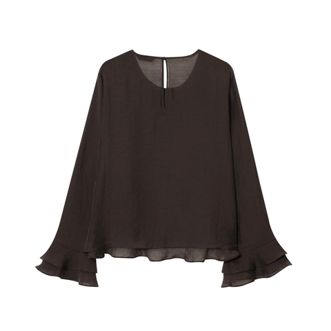Gestuftes Volant-Oberteil Für Damen Langarm Rundhalsausschnitt Solide Kaffee Elegante Leichte Bluse