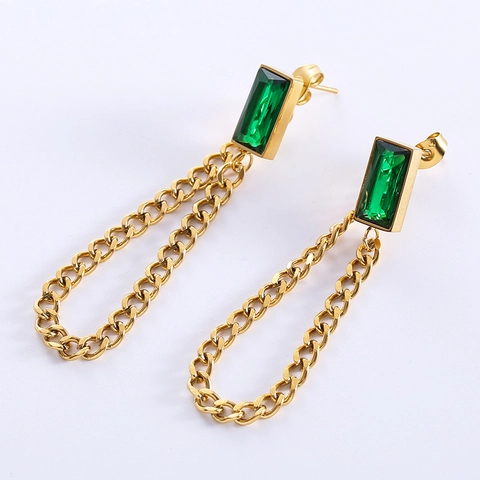 Boucles D'oreilles Pendantes Acier Inoxydable 316L Plaqué Or 18K Zircon Rectangulaire Femmes Chaîne Cubaine Bijoux