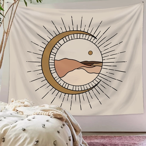 Arazzo Bohemien Da Parete Tessuto Poliestere Sole Luna Deserto Montagna Arte Geometrica Astratta Decorativo