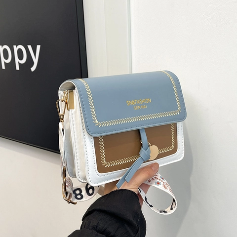 Bolso Bandolera De Moda Para Mujer Color En Contraste Retro Cuero PU Bolso Cuadrado Con Solapa Y Correa Ancha Bordada