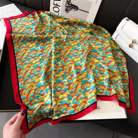 Retro Chinese Style Square Scarf Auspicious Clouds Palm Leaf Printed Satin Polyester Elegant Head Neck Wrap For Women