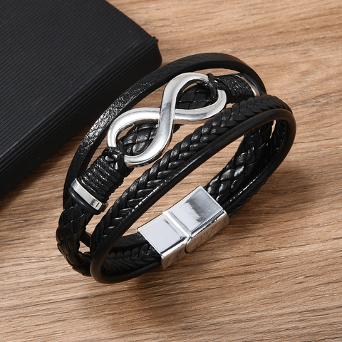 Men Multi Layer Braided Leather Bracelet With Alloy Infinity Symbol Magnetic Clasp Retro Punk Fashion Jewelry Gift