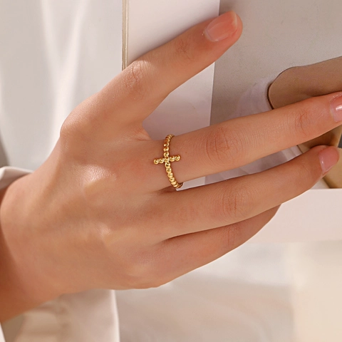 Anillo Abierto Ajustable De Acero Inoxidable Con Cruz De Cuentas Para Mujer Joyería Étnica Retro Tono Dorado