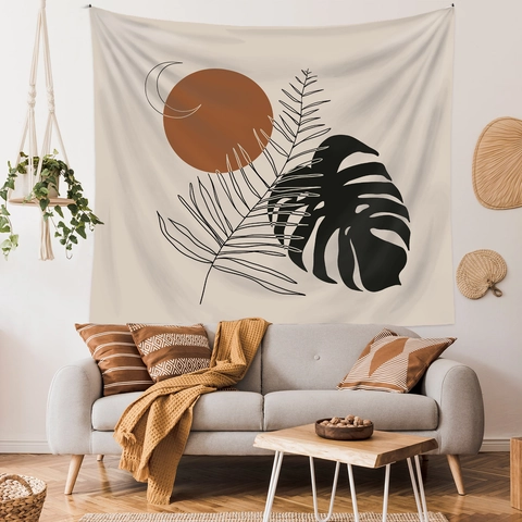 Arazzo Da Parete Bohemien Tessuto In Poliestere Sole Luna Foglie Di Monstera Motivo Moderno Astratto Decorazione Boho