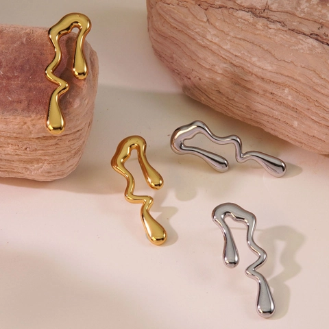 Liquid Metal Lava Earrings Irregular Geometric Water Drop Stainless Steel Studs Fashion Minimalist Jewelry For Women