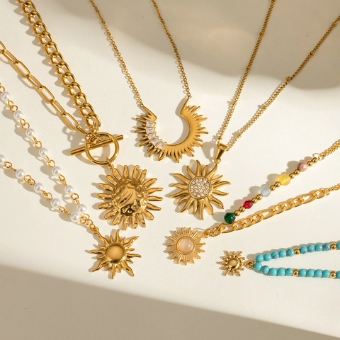Collana Con Ciondolo A Sole In Acciaio Inossidabile Per Donna Placcata Oro 18K Boho Zircone Turchese Perla Artificial Gioielli