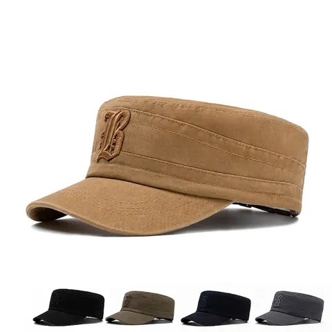 Men Flat Top Cadet Cap Cotton Military Hat Gothic Letter B Embroidery Adjustable Outdoor Sunshade Sport Retro Casual Hat