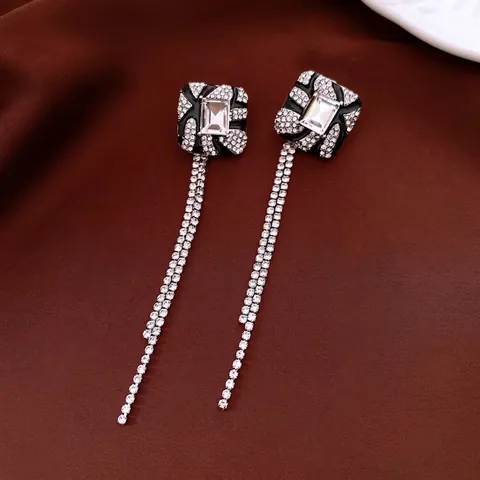 Vintage Square Tassel Drop Earrings Alloy Rhinestone Black Enamel Luxury Jewelry With Silver Earring Post For Women