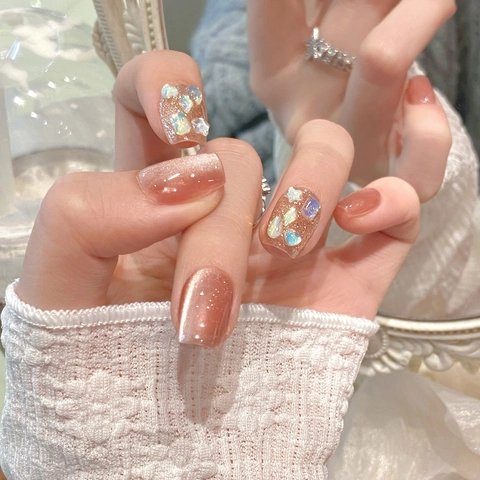 Uñas Postizas Cat Eye Rosa Nude Brillo Diamantes De Imitación Suave Brillante Uñas Artificiales Hechas A Mano Elegante