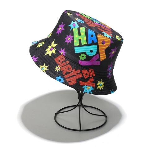 Happy Birthday Letter Print Vissershoed Polyester Kleurrijk Zonbescherming Feestelijk Zonnehoed Voor Dames