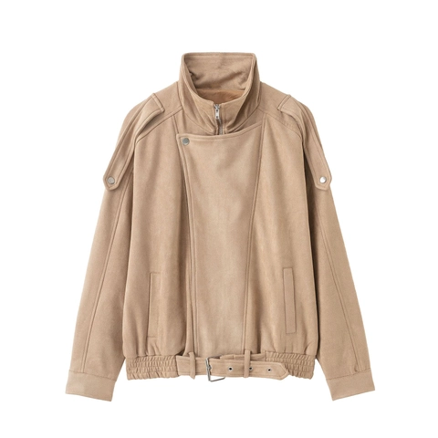 Damen Bikerjacke Aus Wildlederimitat Moto-Stil Stehkragen Reißverschluss Retro Khaki Langarm Outwear
