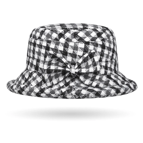 Cappello a Secchiello Vintage a Quadri da Donna Autunno Inverno Caldo in Poliestere Cappello a Bacino Pieghevole Con Fiocco Retrò Letterario