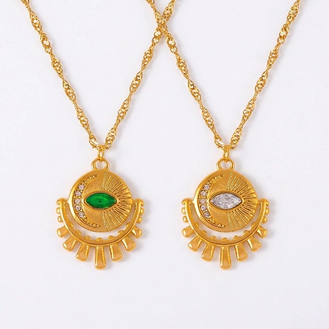 Vintage Evil Eye Sun Moon Pendant Necklace Titanium Steel Inlaid Zircon Bohemian Light Luxury Jewelry For Women Men