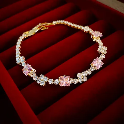 Tennis Armband Koper Roze Vierkante Zirkoon Witte Ronde Micro Set Koreaanse Stijl Elegant Zoete Sieraden Voor Vrouwen