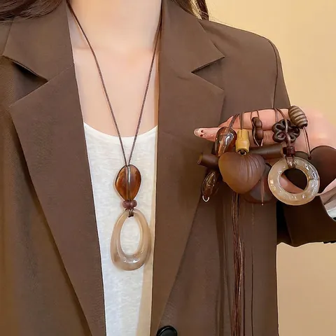 Collier Pendentif Vintage Résine Bois Cœur Géométrique Style Ethnique Longue Chaîne De Pull Pour Femmes Bijoux Accessoire