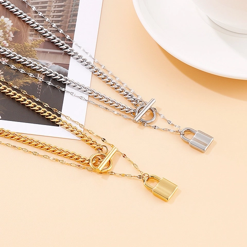 Layered Stainless Steel Padlock Pendant Necklace With Curb Chain And Toggle Clasp Punk Fashion For Women Men