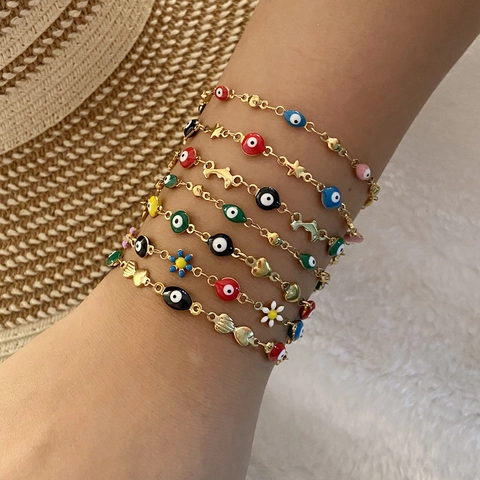 Stainless Steel Evil Eye Bracelet Colorful Enamel Heart Star Charms Adjustable Gold Plated Boho Jewelry For Women Girls