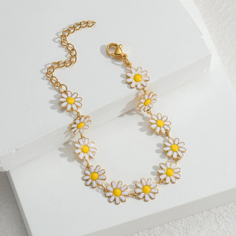 Elegante Pulsera De Flor De Margarita Cadena De Acero Inoxidable Con Perlas Artificiales Artificiales Joyería Pastoral Bohemia Para Mujeres