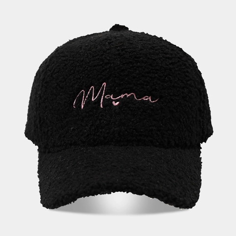 Women Autumn Winter Warm Sherpa Fleece Baseball Cap Mama Letter Embroidery Curved Brim Adjustable Outdoor Sports Hat