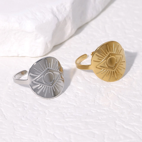 Anillo Abierto Ojo Turco Acero Inoxidable Ajustable Disco Redondo Vintage Joyería Bohemia Para Mujer