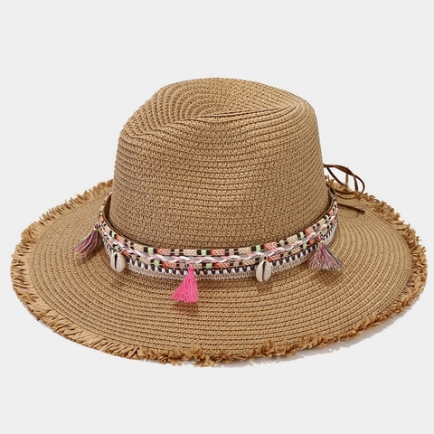 Sombrero De Sol De Paja Para Mujer Fedora De Papel Tejido Estilo Bohemio Con Borlas Y Conchas Playa Vacaciones