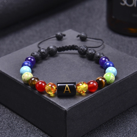 Pulsera Cuentas Piedra De Lava Trenzada Ajustable Letra Inicial Piedra Preciosa Siete Chakra Unisex Joyería Difusor