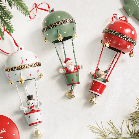 Christmas Hot Air Balloon Hanging Ornament Iron Metal Painted Santa Claus Snowman Reindeer Holiday Tree Decor