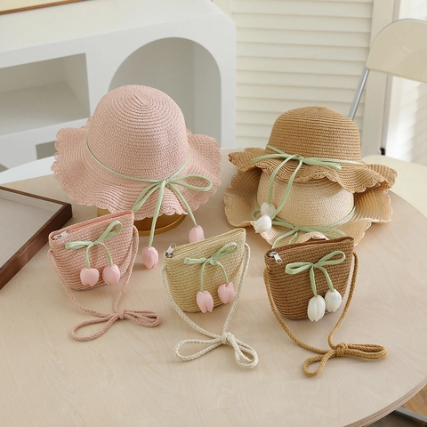 Girls Paper Woven Straw Sun Hat And Matching Crossbody Bag Breathable Wide Wave Brim Ribbon Bow Tulip Floral For Summer Beach