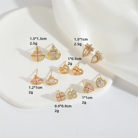 Luxury Copper Zirconia Stud Earrings For Women Retro Heart Clover Fan Shaped Gold Plated Fashion Jewelry Accessories