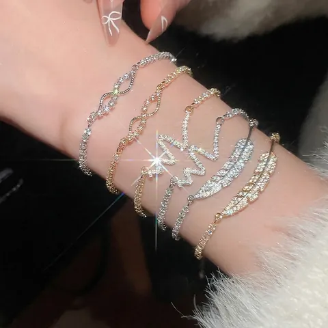 Bracciale Regolabile Piuma Battito Cardiaco Rame Zircone Intarsiato Oro Argento Elegante Gioielli Moda Donna