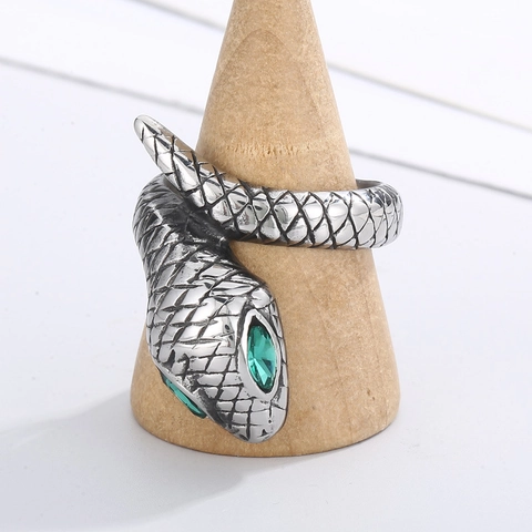 Snake Ring 316L Stainless Steel With Green Synthetic Gemstone Eyes Punk Gothic Vintage Animal Wrap Jewelry For Men