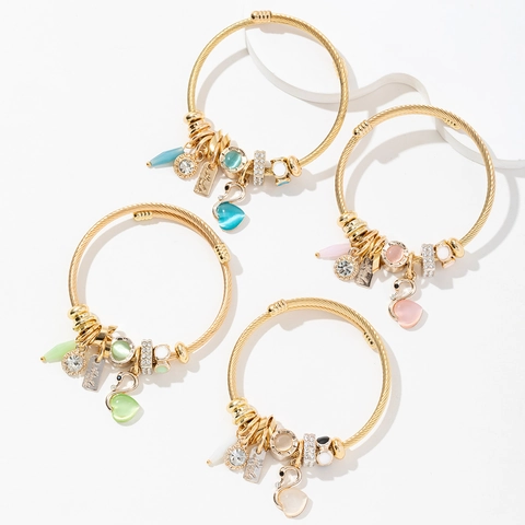 Pulsera de Acero Inoxidable con Colgante de Corazón de Cisne Piedra Ojo de Gato Strass Cuentas Borla Pulsera para Mujer Joyería