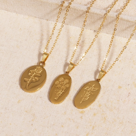 Edelstahl Oval Anhänger Halskette Vergoldet Gravierte Rose Blume Relief Vintage Ästhetischer Schmuck Für Damen